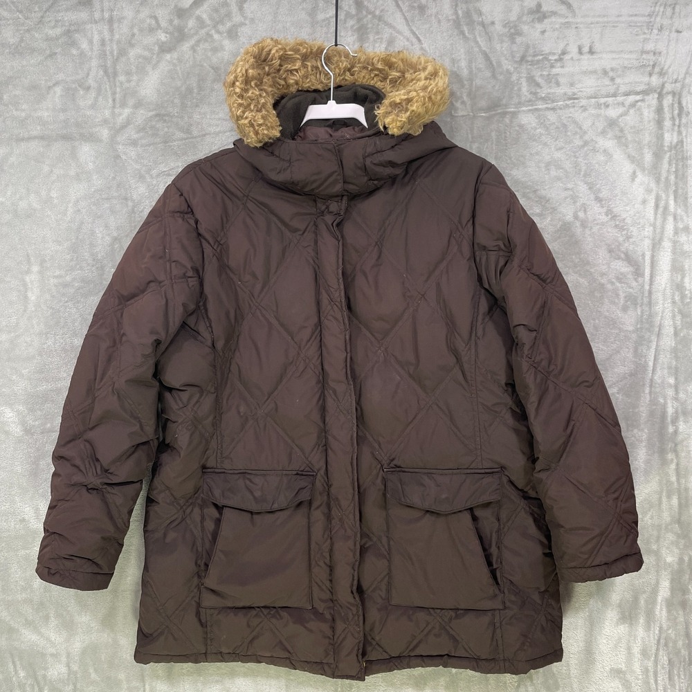 Lands'‎ End Down Coat Women's XL/P ( 18-20) Brown Zip Snaps Removable Hood